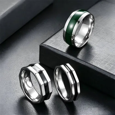 Minimalist Stainless Steel Drip Oil Geometric Ring For Men Women Trendy INS Enamel Band Octagonal Finger Jewelry Gift