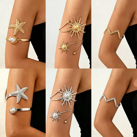 Bohemian Gold Silver Alloy Starfish Artificial Pearl Upper Arm Cuff Bracelet Sun Moon Star Celestial Wave Adjustable Bangle Jewelry