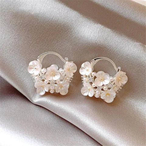 Korean Style Silver Color Flower Basket Ear Cuffs For Women Exquisite Rhinestone Artificial Pearl Floral Stud Earrings Jewelry