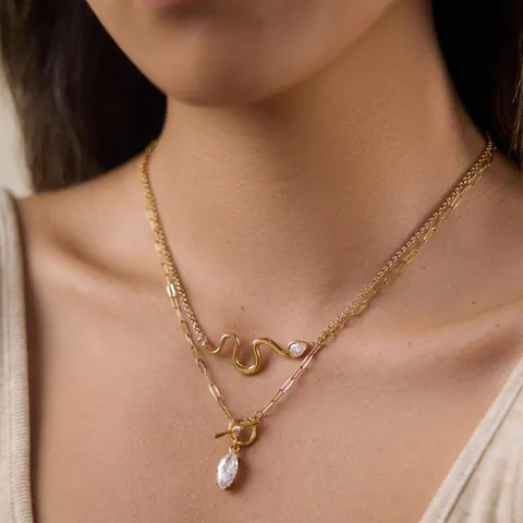 Stainless Steel Marquise Zirconia Pendant Necklace 18K Gold Plated Water Drop Paperclip Chain Toggle Clasp Fashion Jewelry