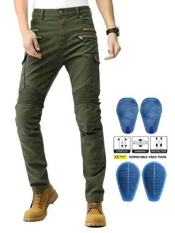 Pantalones de Motociclista para Hombre Protecciones Desmontables Pantalones Cargo Tácticos Jeans Biker Color Sólido Multibolsillo Elástico