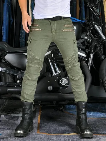 Pantalones de Motociclista para Hombre Protecciones Desmontables Pantalones Cargo Tácticos Jeans Biker Color Sólido Multibolsillo Elástico