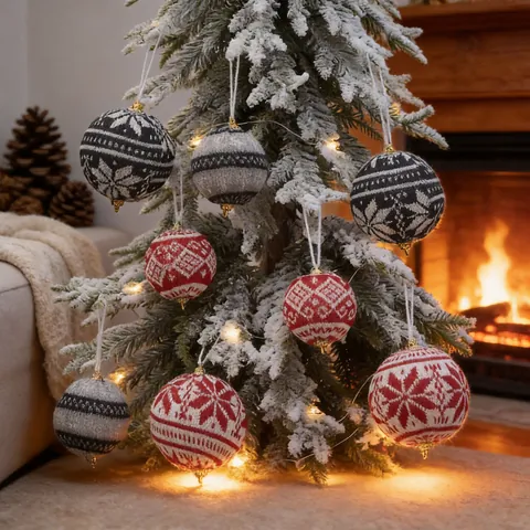 Gestrickte Weihnachtsbaumkugeln Ornamente Schneeflockenmuster Nordischer Stil Hängende Dekorationen Schaumstoffkern Festlich