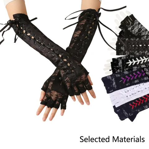 Long Lace Fingerless Gloves Lace-up Ribbon Gothic Party Costume Accessories For Women Elegant Vintage