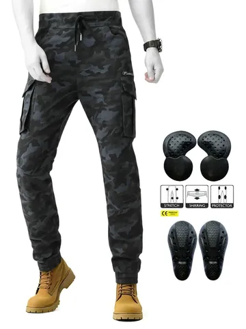 Men's Retro Motorcycle Riding Pants Polyester Cotton Camouflage Cargo Joggers With Removable Knee Pads For Cycling Outdoor