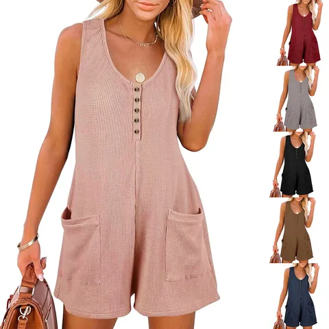 Combishort Décontracté pour Femmes en Maille Gaufre Sans Manches Col en V avec Boutons et Poches Été Couleur Unie Body Court