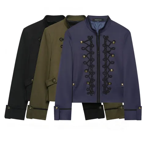 Chaqueta Corta Estilo Militar Vintage para Mujer Cuello Alto Ajuste Delgado Nudos de Cordón Cremallera Verde Militar Negro