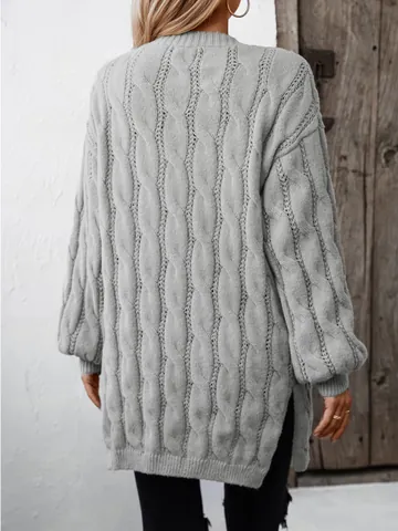 Women Vintage Mid-Length Cable Knit Cardigan Sweater Loose V-Neck Open Front Rabbit Hair Knitwear With Pocket Solid Color Jacket