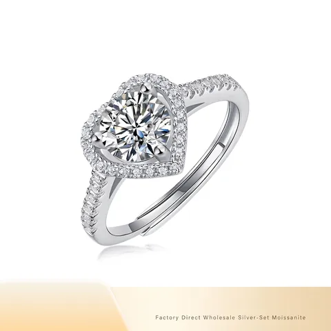 925 Sterling Silver Heart Moissanite Ring For Women Luxury Adjustable Open Ring Wedding Anniversary Jewelry Silver Ring