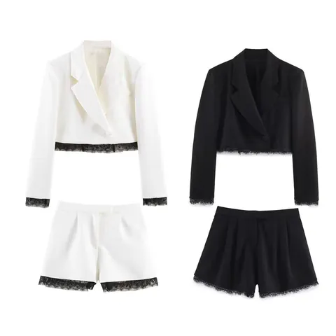 Completo Donna Nero Blazer Crop Con Pizzo E Pantaloncini Estivo Casual Elegante A Maniche Lunghe Per Ufficio Moda