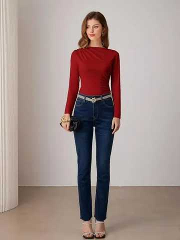 Damen Retro High Waist Schlagjeans Slim Fit Gewaschener Denim Ganze Länge Hose Tiefblau Rohkante Knopf Stretch Jeans Für Damen
