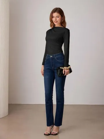 Damen Jeans Mit Hoher Taille Flare Slim Fit Denim Baumwolle Dehnbar Retro Washed Casual Lange Hose