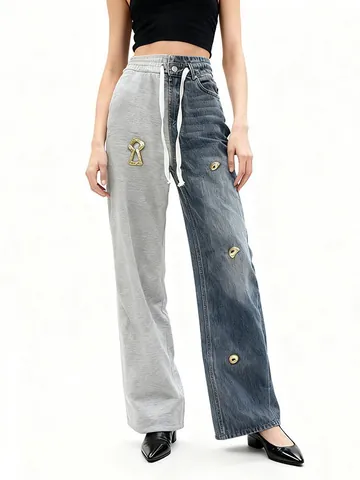 Pantaloni Donna Streetwear Jeans Patchwork Asimmetrici Denim Blu Jogging Grigio Vita Alta Gamba Larga Dritta
