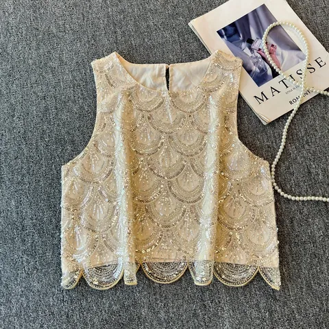 Damen Glitzer Pailletten Ärmellos Tank Top Elegant Rundhals Netz Weste Mit Muschelsaum Für Party Abend Clubwear