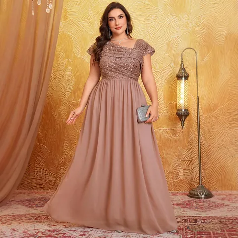 Vestido Largo de Noche de Gasa con Lentejuelas de Talla Grande para Mujer Elegante Cuello en V Manga Corta para Boda Banquete