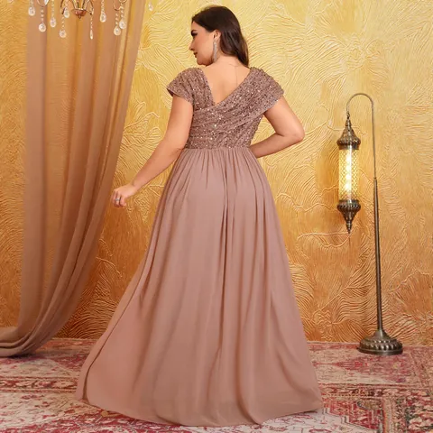 Vestido Largo de Noche de Gasa con Lentejuelas de Talla Grande para Mujer Elegante Cuello en V Manga Corta para Boda Banquete
