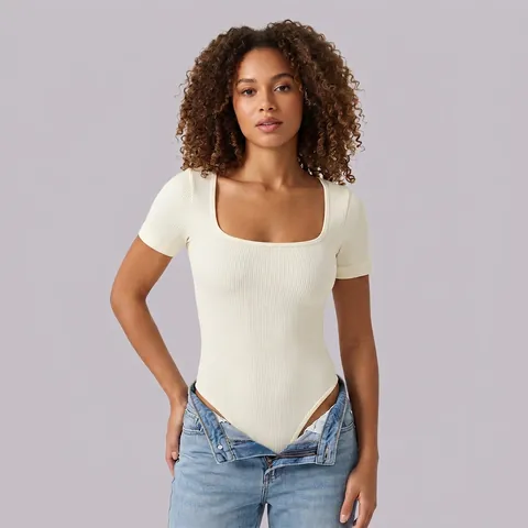 Women Seamless Ribbed Short Sleeve Bodysuit Square Neck Slim Fit Stretchy Athletic Yoga Shaping Jumpsuit Top Casual Bodysuit