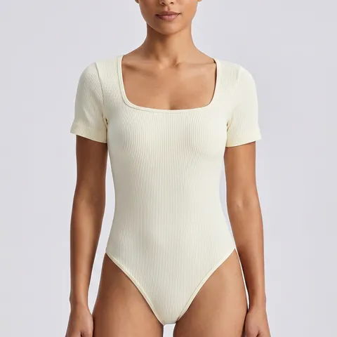 Women Seamless Ribbed Short Sleeve Bodysuit Square Neck Slim Fit Stretchy Athletic Yoga Shaping Jumpsuit Top Casual Bodysuit