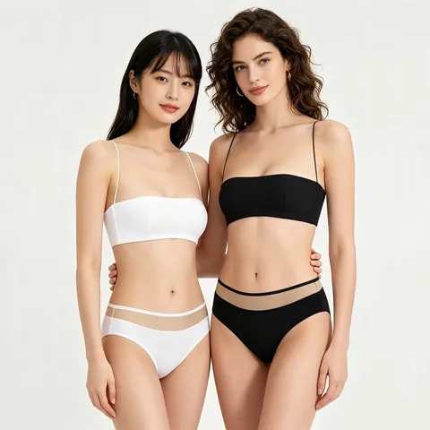 Women's Seamless Wireless Bra And Panty Set Minimalist Thin Straps Push Up Lingerie Set Black White Solid Bralette Set