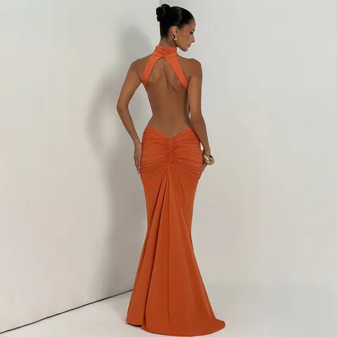 Abito Da Sera Allacciato Al Collo Schiena Scoperta Vita Increspata Taglio A Sirena Abito Maxi Elegante Sexy Party Donna