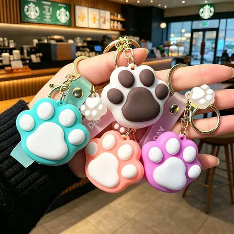 Porte-clés Patte de Chat Dessin Animé Avec Lanière Lucky Day Pendentif de Sac en PVC Métal pour Femmes Filles