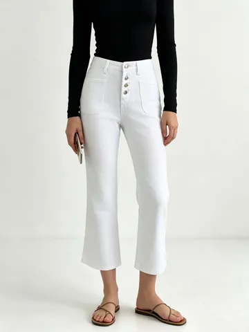 Women's Retro High Waisted Denim Jeans Button Fly Wide Leg Flared Pants Cotton Solid Color Washed Office Lady Casual Jeans