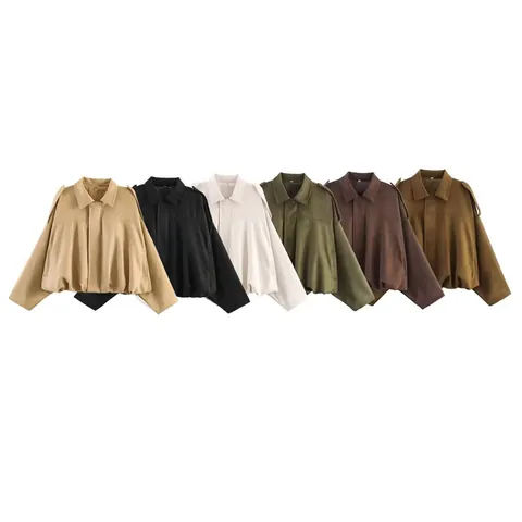 Women Casual Faux Suede Bomber Jacket Minimalist Solid Color Oversized Coat Lapel Zipper Long Sleeve Batwing Sleeve Outerwear