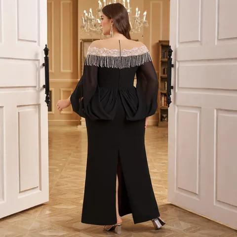 Vestido de Noche Negro Elegante Tallas Grandes Cuello Redondo Malla Lentejuelas Borlas Manga Linterna Ajustado Maxi Vestido