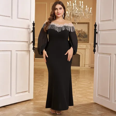 Women Plus Size Elegant Black Evening Gown Round Neck Mesh Sequin Tassels Lantern Sleeve Slim Fit Maxi Banquet Dress