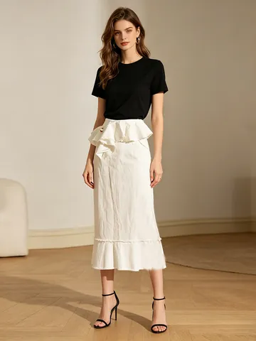 Conjunto de Dos Piezas para Mujer Elegante Top Halter y Falda Larga de Patchwork con Volantes Cintura Alta Color Albaricoque Atuendo de Vacaciones