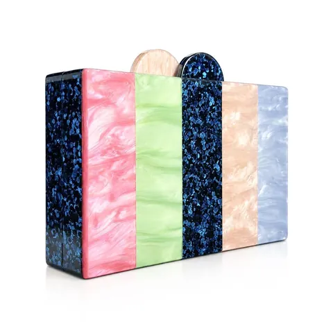 Vintage Acrylic Patchwork Evening Bag Marble Texture Box Clutch With Golden Metal Chain Shoulder Strap For Women Party