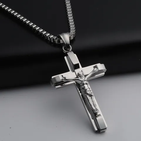 Collar Con Colgante de Cruz de Crucifijo de Jesús de Acero Inoxidable para Hombre Pulido Religioso Vintage Hip Hop Joyería Regalo