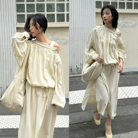 Damen Schulterfreies Langarm Maxikleid Viskose Schurwolle Mischung Plissee Kordelzug Taille Minimalistisch Elegantes Langes Kleid
