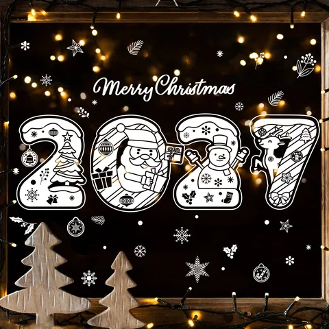 Christmas Window Cling Stickers Snowflake Reindeer Elk PVC Static Decals For Glass Showcase Home Festive Decor