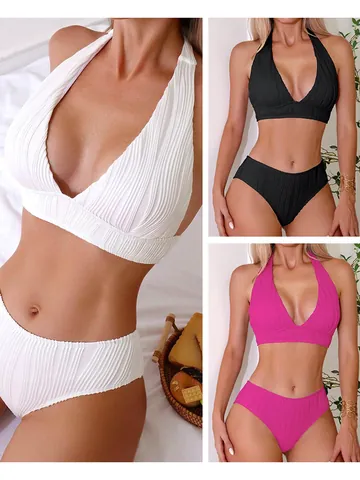 Conjunto de Bikini para Mujer Sexy Halter Escote en V Profundo Acanalado Bañador de Dos Piezas Cintura Alta Color Sólido