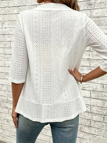 Women Plus Size Hollow Out Eyelet Embroidery Cardigan Mid Sleeve Open Front Thin Polyester Jacket Casual White Coat Top
