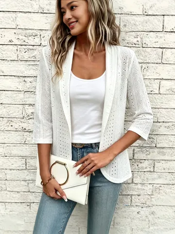 Women Plus Size Hollow Out Eyelet Embroidery Cardigan Mid Sleeve Open Front Thin Polyester Jacket Casual White Coat Top