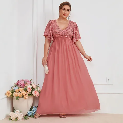 Grote Maat Dames V-Hals Pailletten Uitlopende Mouw Chiffon Maxi Jurk Elegant Avondfeest Bruiloft Formele Lange Jurk