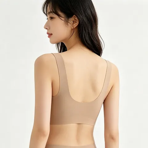 Women's Seamless V-Neck Bra Wireless Vest Style Bralette Breathable Fixed Strap One-Piece Comfortable Sleep Bra