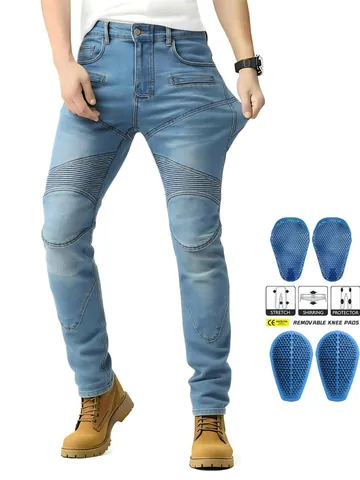 Pantaloni da Moto da Uomo Biker Slim Fit in Denim Con Protezioni in Silicone Rimovibili Ginocchiere e Protezioni per le Anche