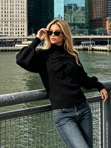 Pull en Maille Femme Élégant Col Montant Manches Lanterne Avec Noeuds Frontaux Casual Mode Automne Hiver Haut Pullover