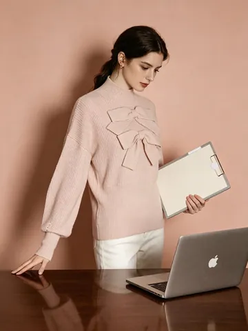 Pull en Maille Femme Élégant Col Montant Manches Lanterne Avec Noeuds Frontaux Casual Mode Automne Hiver Haut Pullover