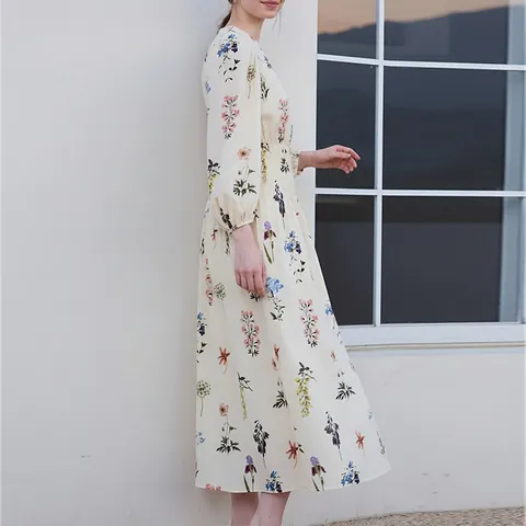 Women Elegant Fruit Lobster Print Lapel Long Sleeve Maxi Dress Tie Waist Lantern Sleeve Tiered Vacation Dress White