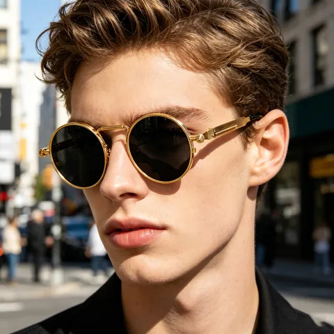 Lunettes De Soleil Rondes Steampunk Monture Métallique Branche Ressort Rétro Punk UV400 Unisex