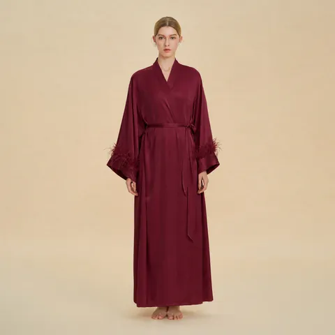Lussuosa Vestaglia Lunga in Raso Per Donna Con Polsini in Piume Scollo a V Cintura Loungewear Regalo Per Damigella D'Onore Matrimonio