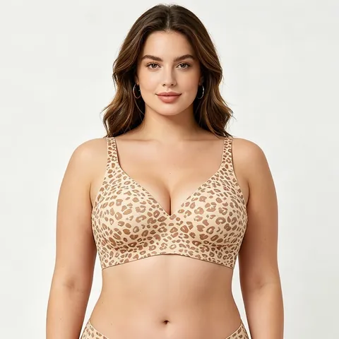 Soutien-gorge Sans Couture Grande Taille Sans Armatures Imprimé Léopard Col en V Profond Maintien Souple Bralette Confortable Pour Le Quotidien
