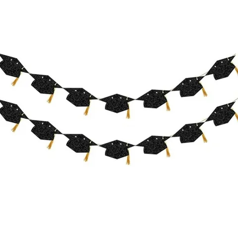 Graduation Party Glitter Banner Graduation Doctoral Cap Hanging Flag Garland Decoration With Gold Tassels Banner Party Supplies