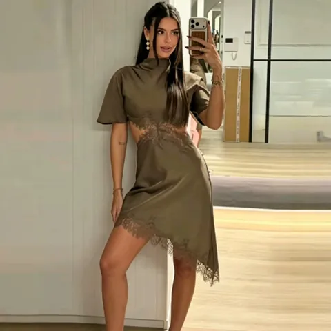 Elegant Satin Short Sleeve Midi Dress With Scarf Collar Lace Patchwork Irregular Hem Slim Fit Solid Color Women Summer Dress