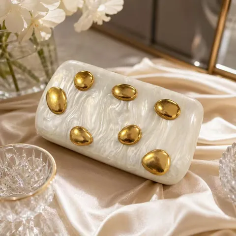 Acrylic Marble Evening Clutch Bag With Gold Metal Pebble Decor And Removable Chain Strap For Women Wedding Party
