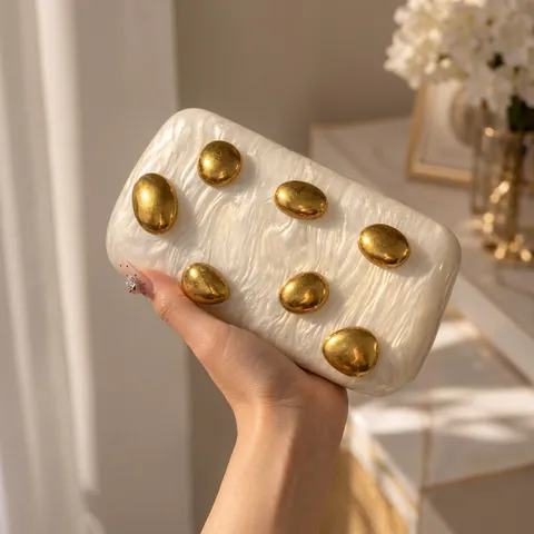 Acrylic Marble Evening Clutch Bag With Gold Metal Pebble Decor And Removable Chain Strap For Women Wedding Party